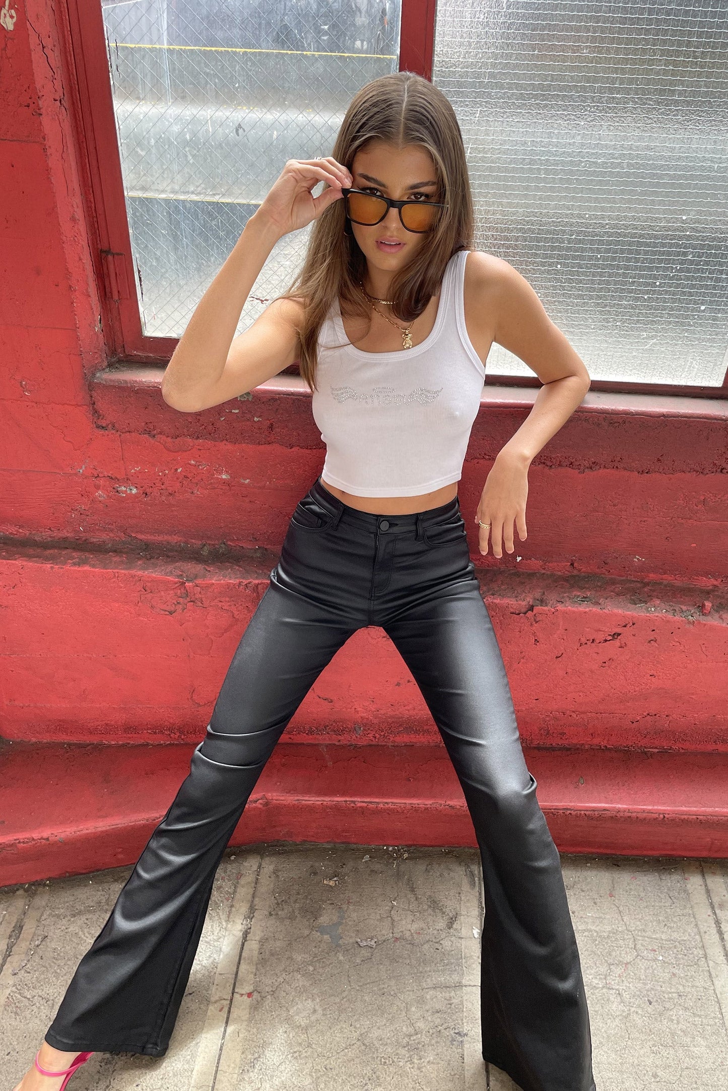 Luna Faux Leather Mid Rise Flared Jeans