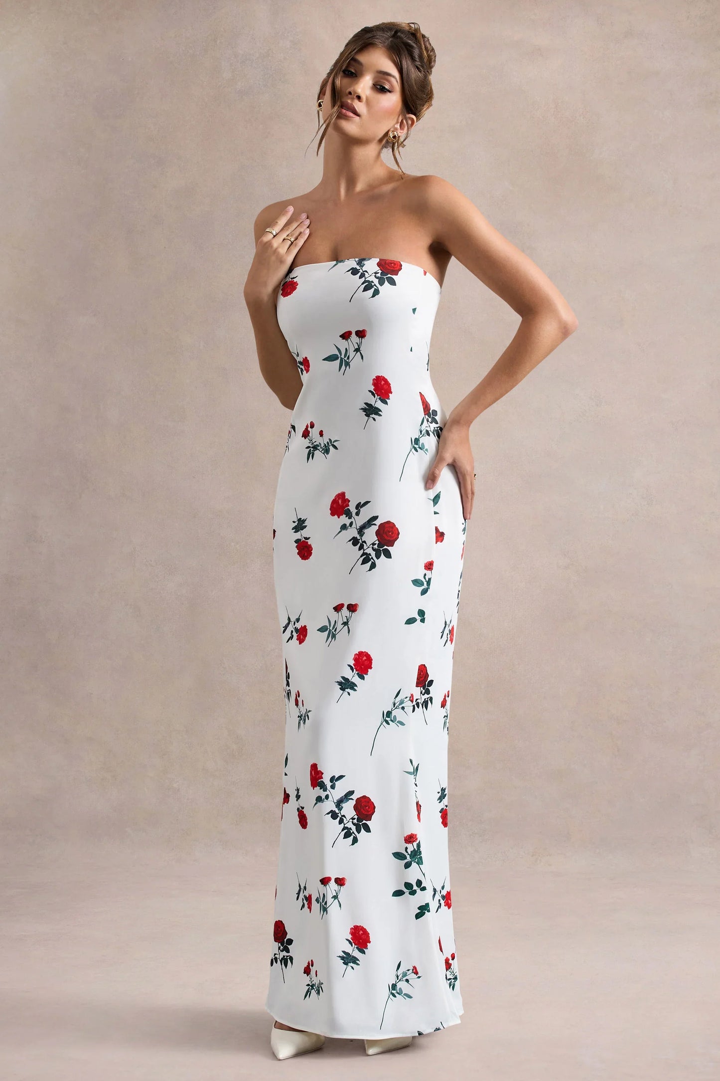 Azra Rose Print Satin Bandeau Maxi Dress