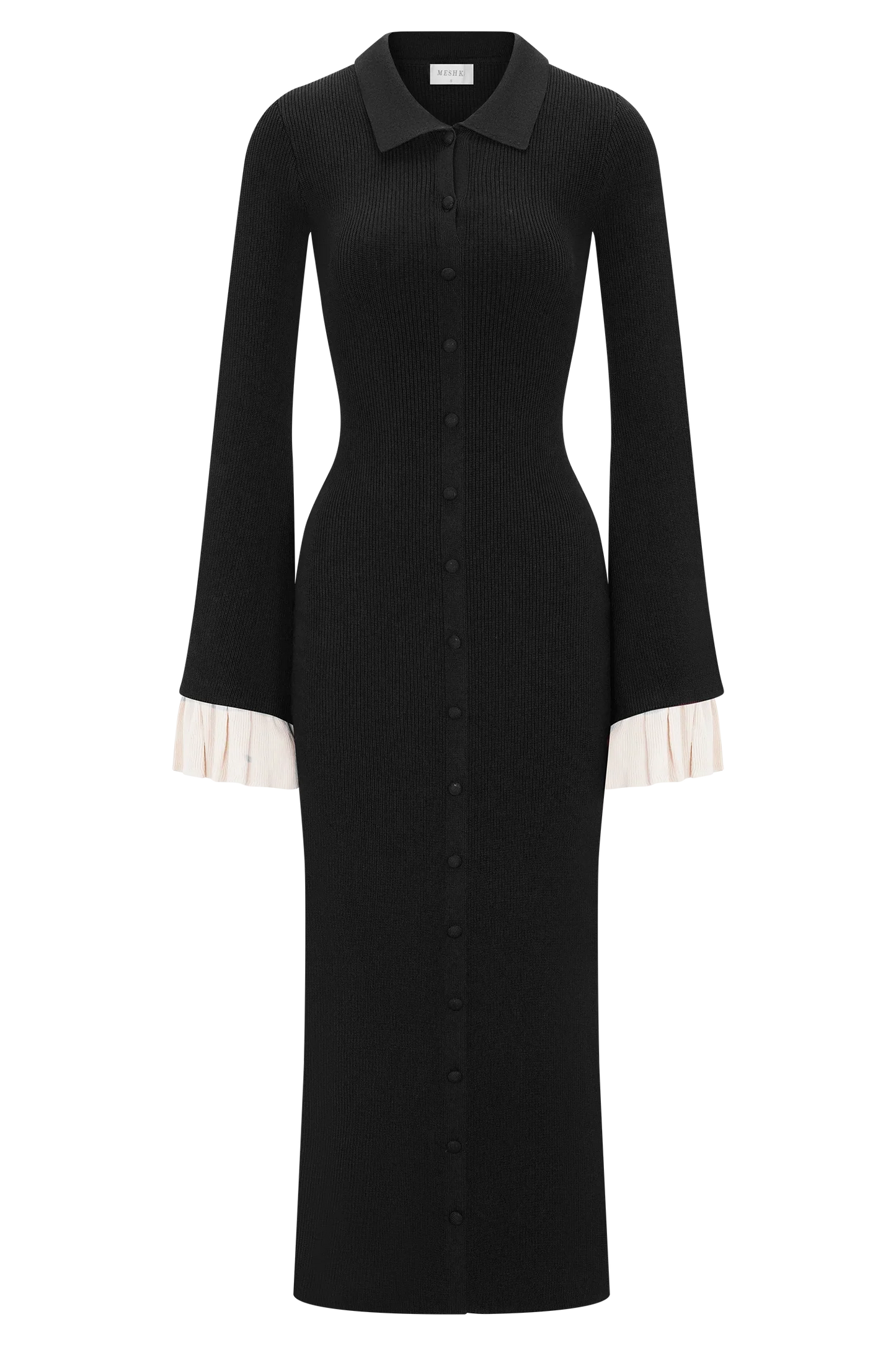 Amirose Ruffle Knit Midi Dress Black
