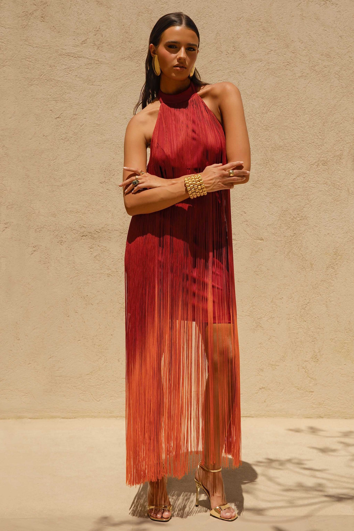 Alessia Orange Ombre Fringe High Neck Maxi Dress