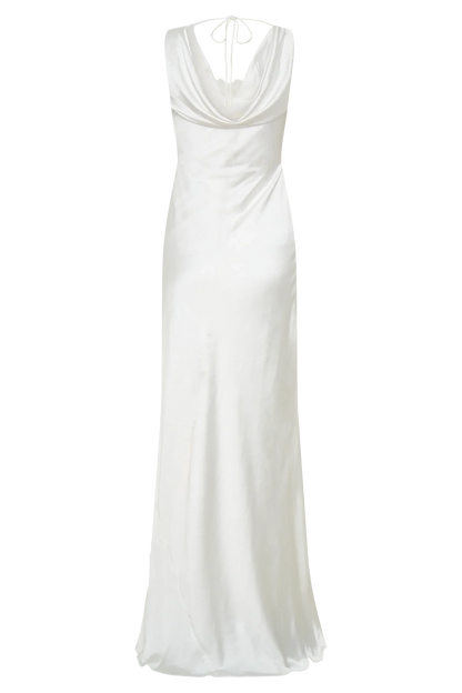 Ashley Cowl Neck Lace And Satin Maxi Dress Ivory