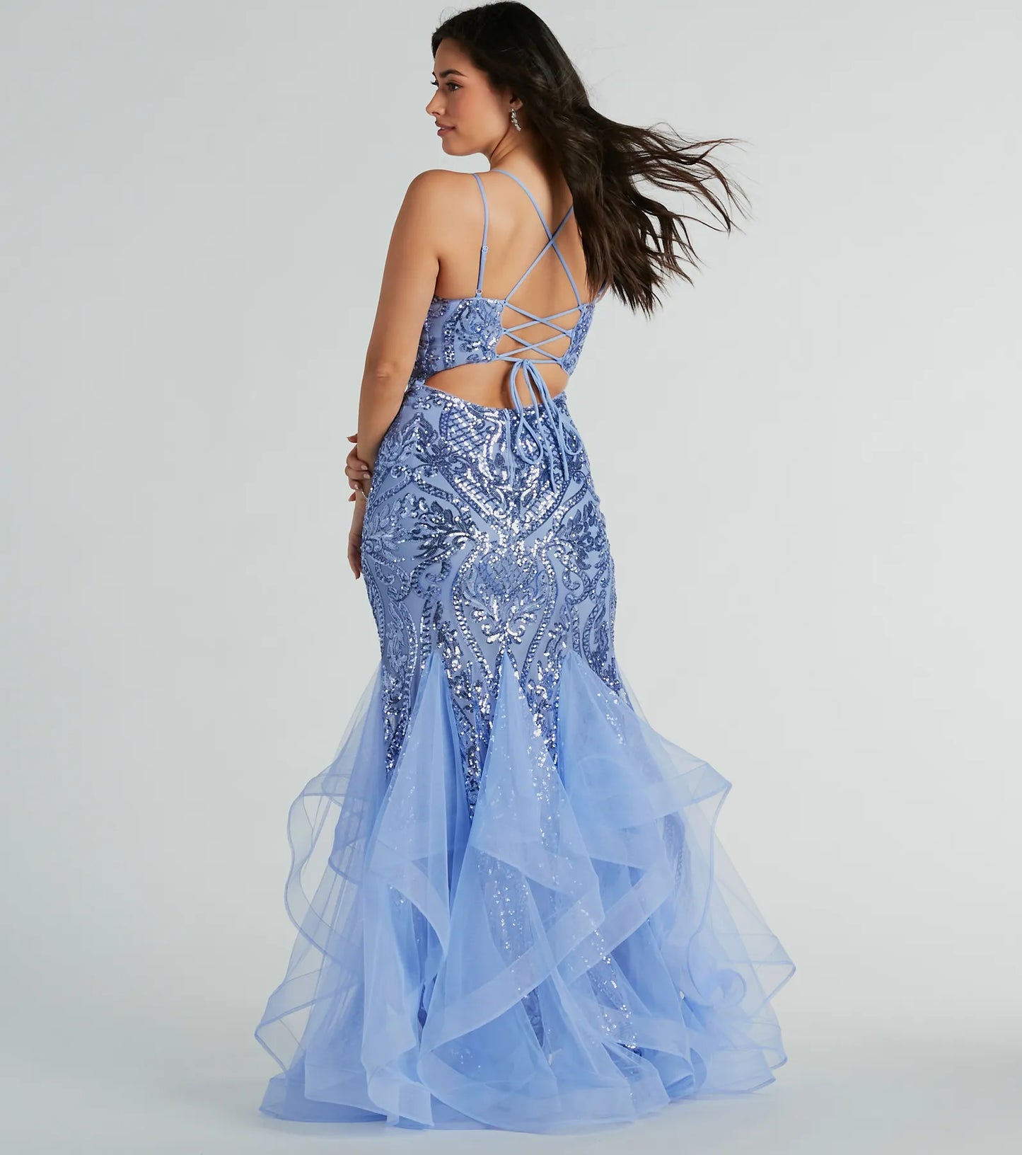 Sylvia Lace-Up Mermaid Tulle Ruffle Sequin Dress