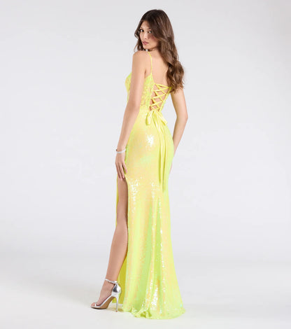 Antonia Lace-Up Corset Slit Sequin Formal Dress