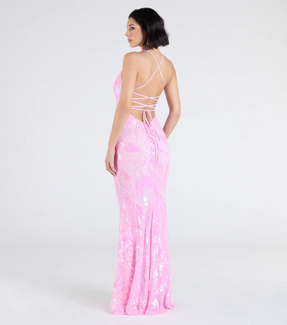 Acacia Iridescent Sequin Lace-Up Formal Dress