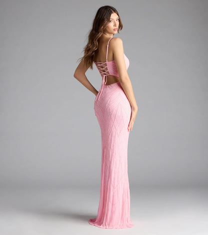 Betsey Lace-Up Mermaid Sequin Bead Formal Dress