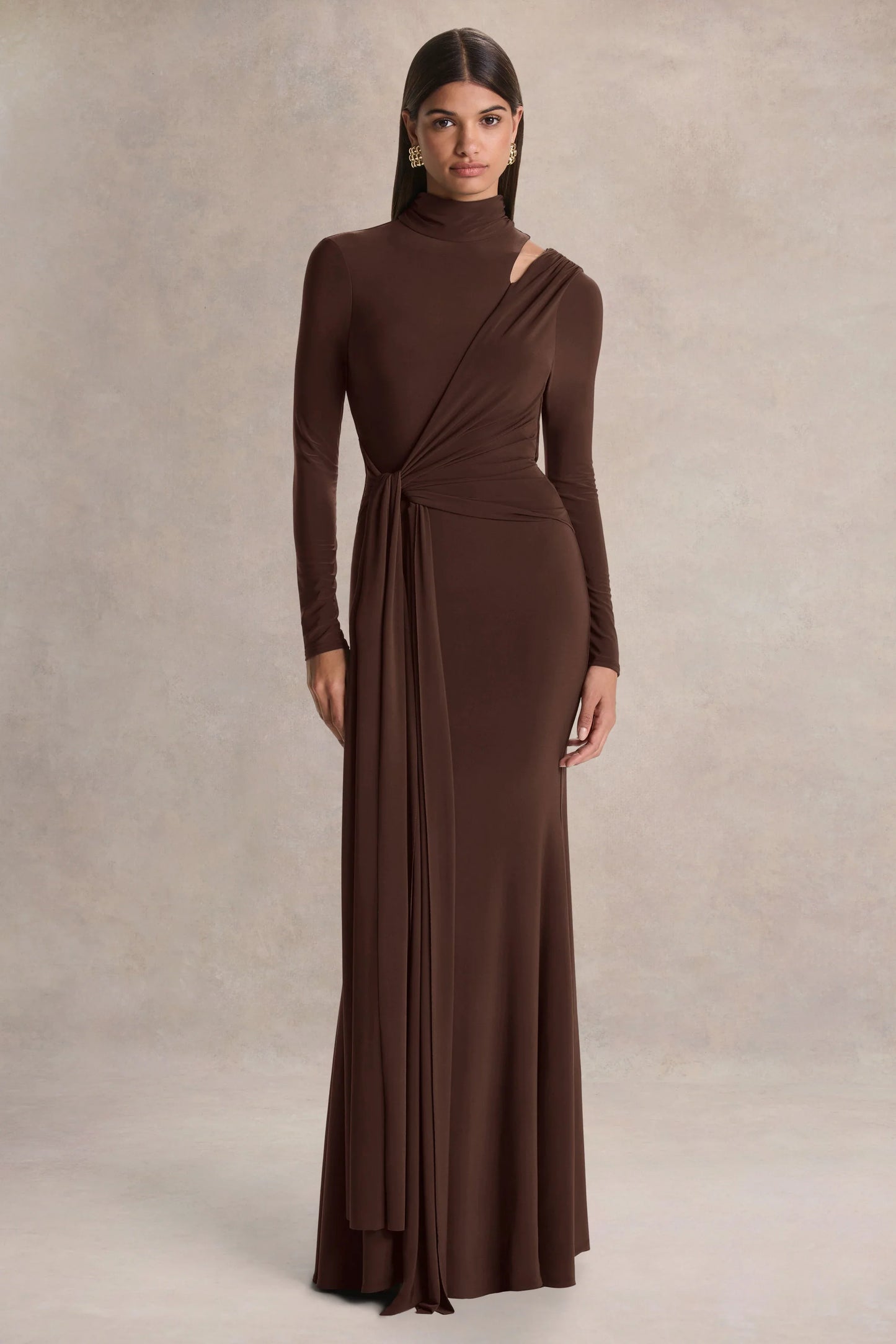 Alastrina Brown High Neck Maxi Dress With Gathered Detailing
