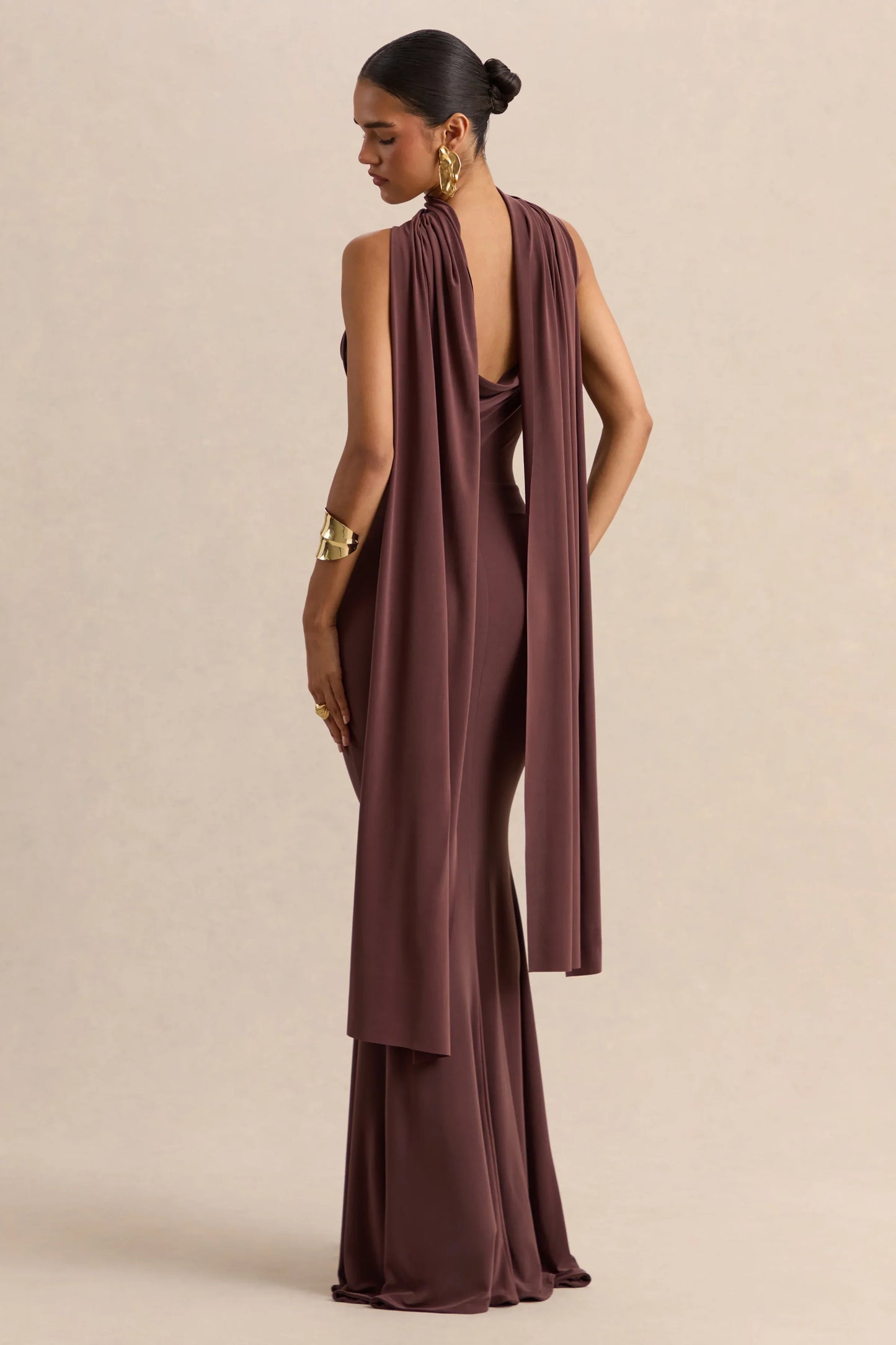 Armelia Brown Cowl Neck Maxi Dress With Scarf Detail