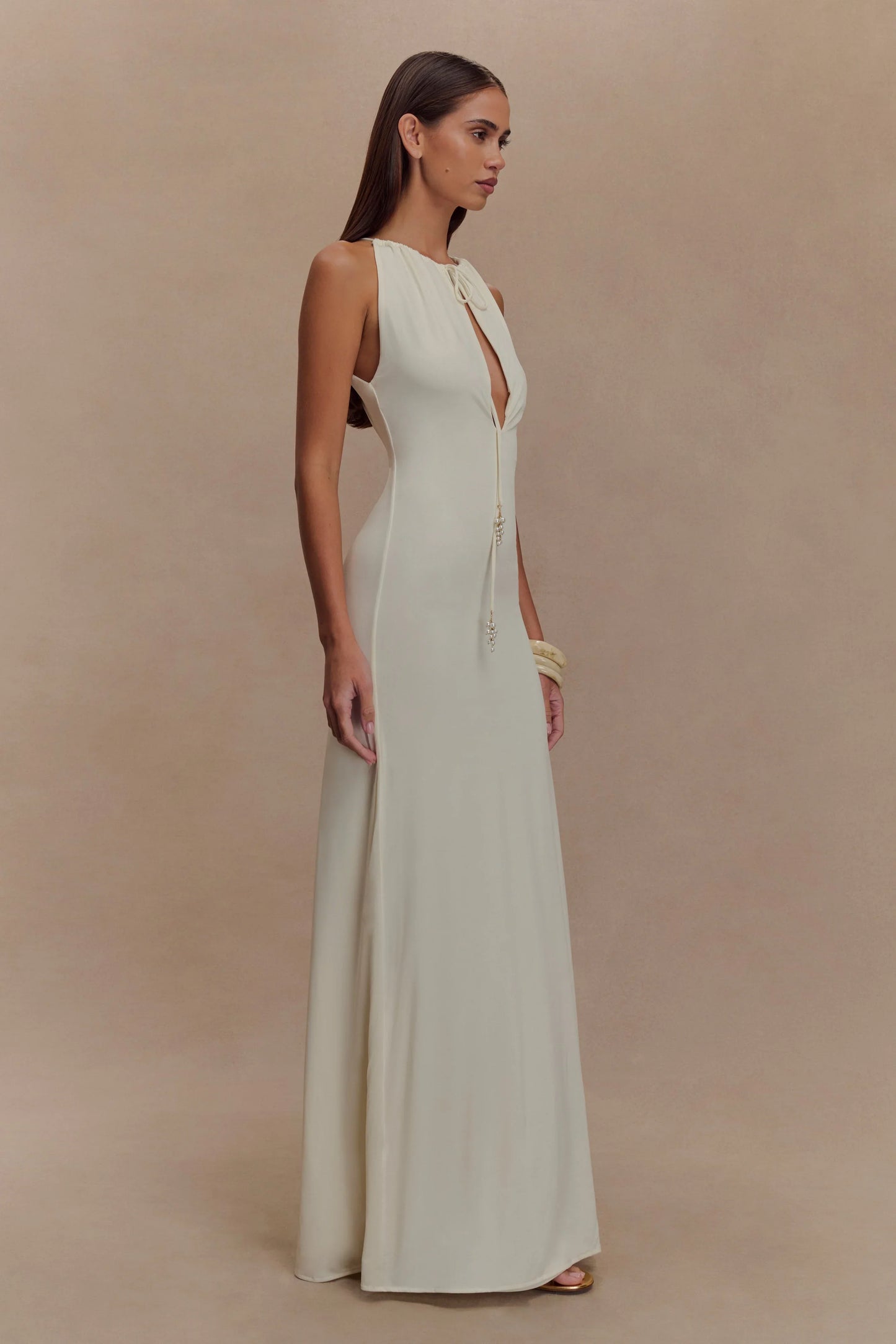 Beryl Slinky Maxi Dress With Pearls Ivory
