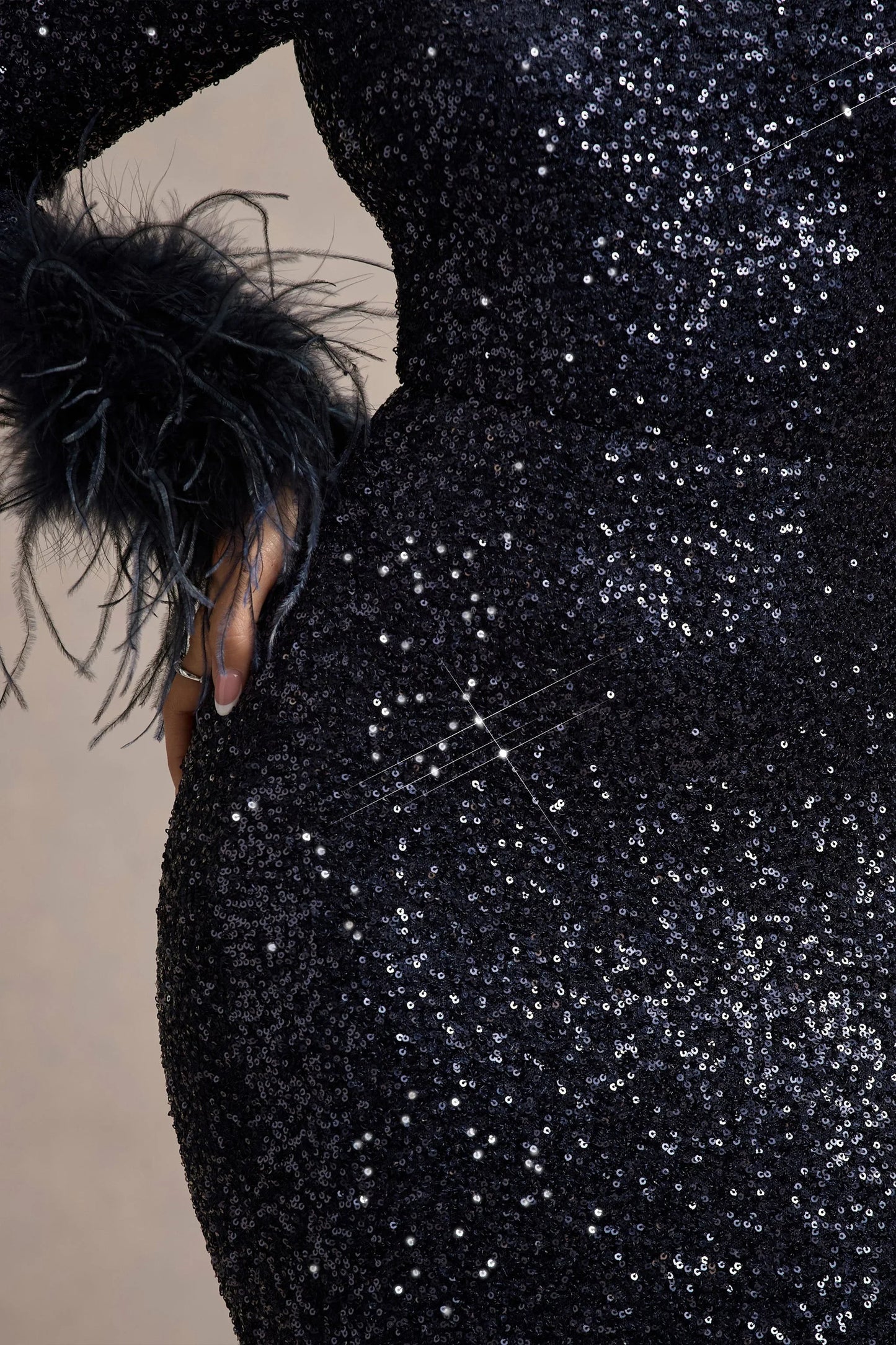 Analina Navy Sequin Long Sleeved Midi Dress With Feather Cuffs
