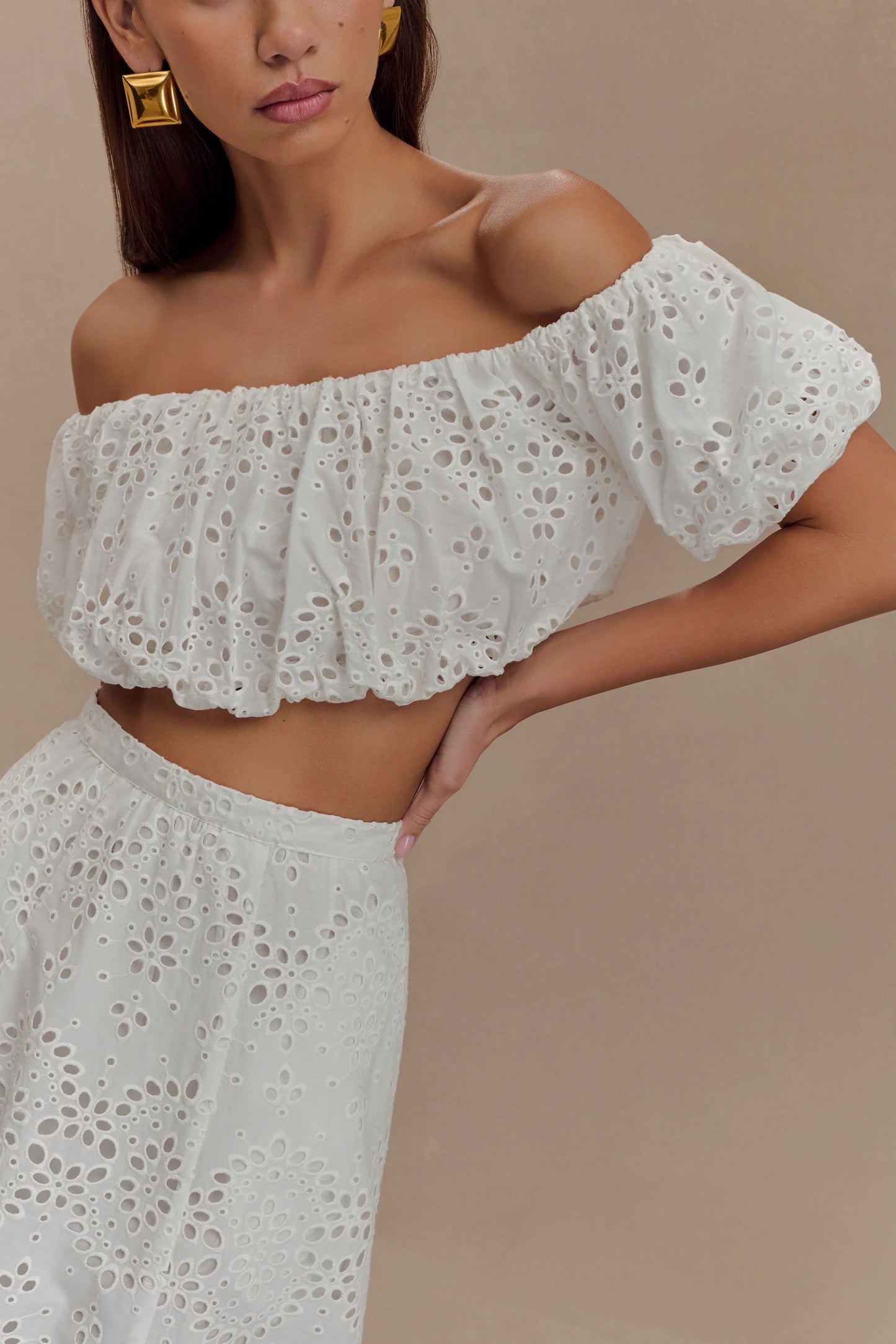 Autumn Off Shoulder Broderie Top White