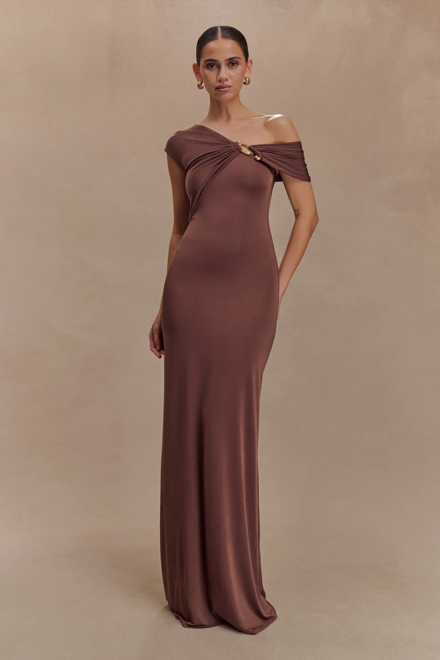 Ashford Asymmetrical Slinky Maxi Dress Chocolate