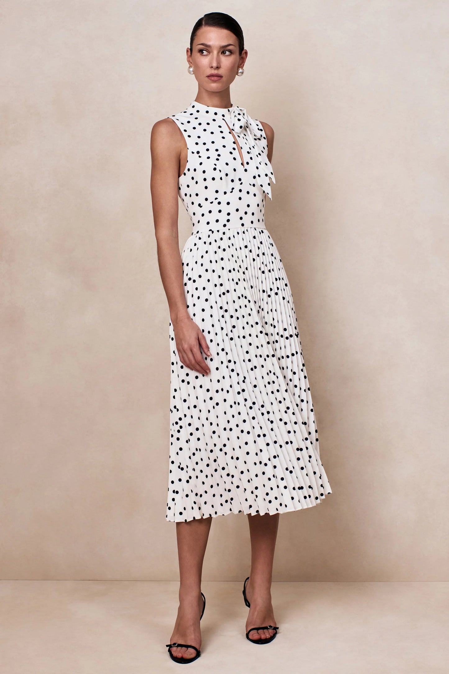 Avalon White Polka Dot Scarf Neck Midi Dress With Pleated Skirt