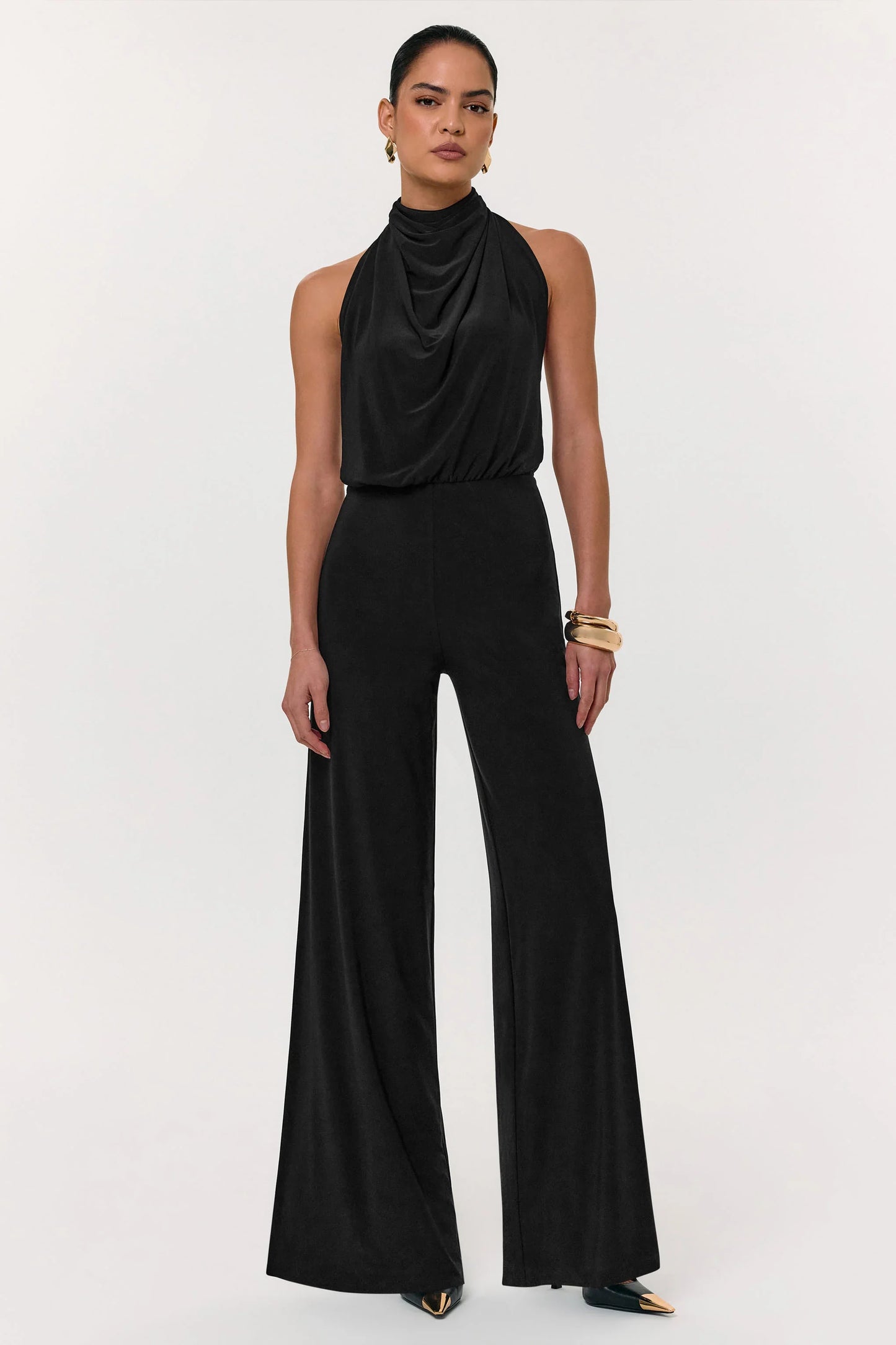 Asha Black High Neck Jumpsuit With Ruched Detail