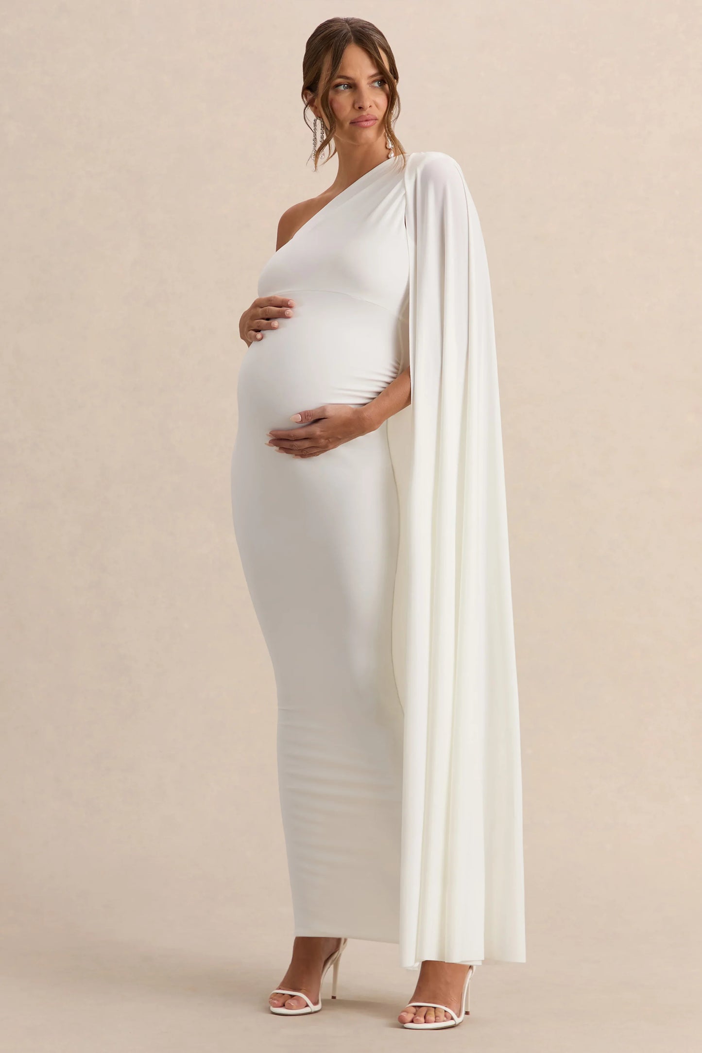 Amaryllis White Maternity One Shoulder Maxi Dress with Cape Sleeve