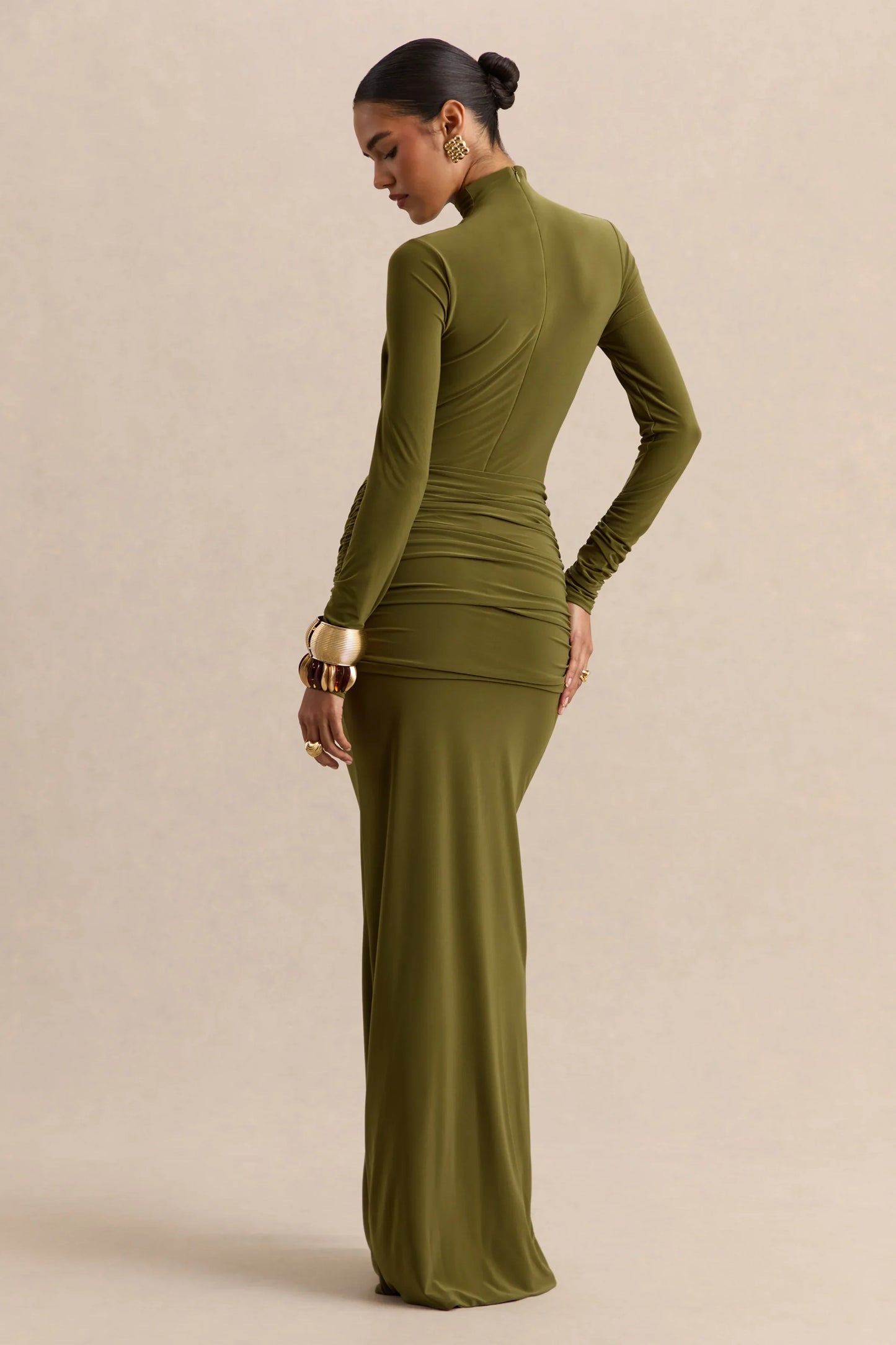 Ambrette Olive High Neck Maxi Dress With Gathered Detailing
