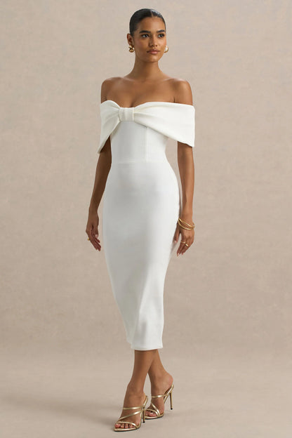 Bayshore White Bow Bardot Midi Dress