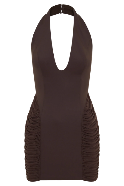 Anari Gathered Scuba Mini Dress Dark Chocolate