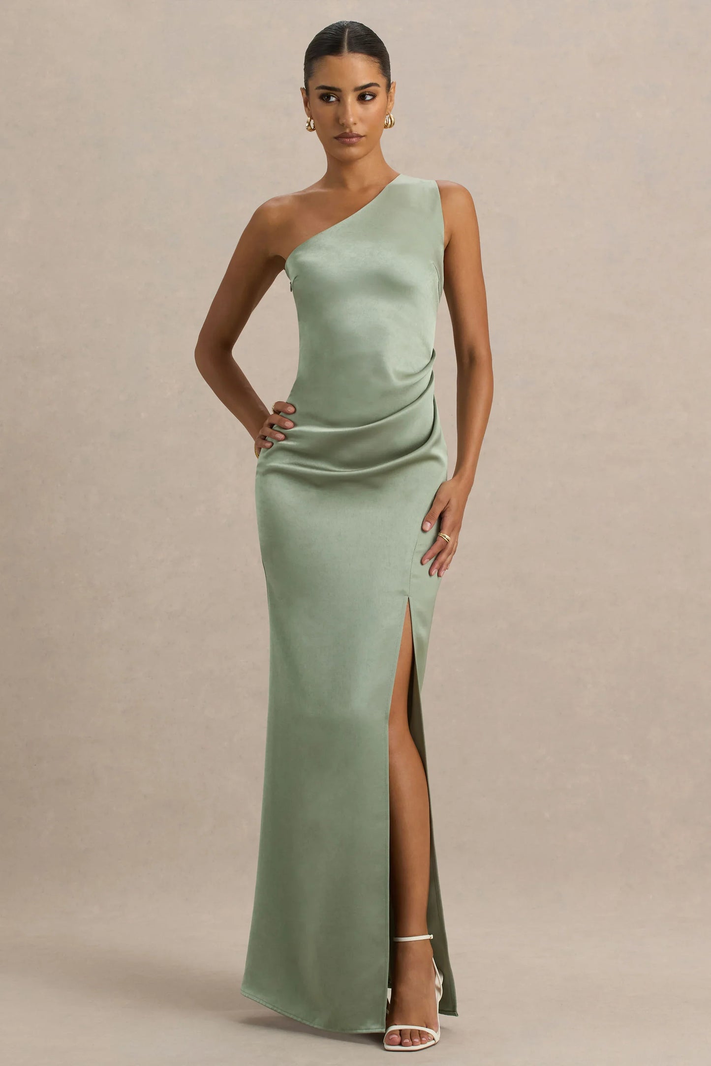 Beth Sage Asymmetric Neckline High Split Maxi Dress