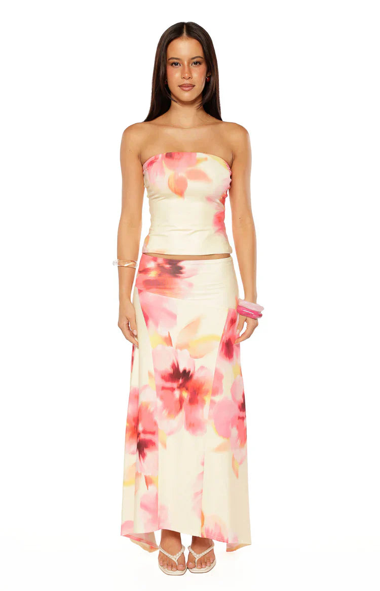 Candie Yellow and Pink Floral Print Tube Top