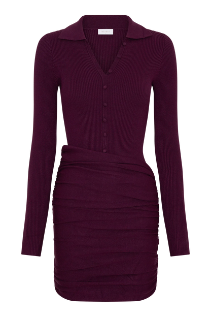 Agness Long Sleeve Button Up Knit Dress Plum
