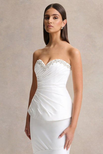 Ambria White Satin Hand Embellished Sweetheart Neck Corset Top