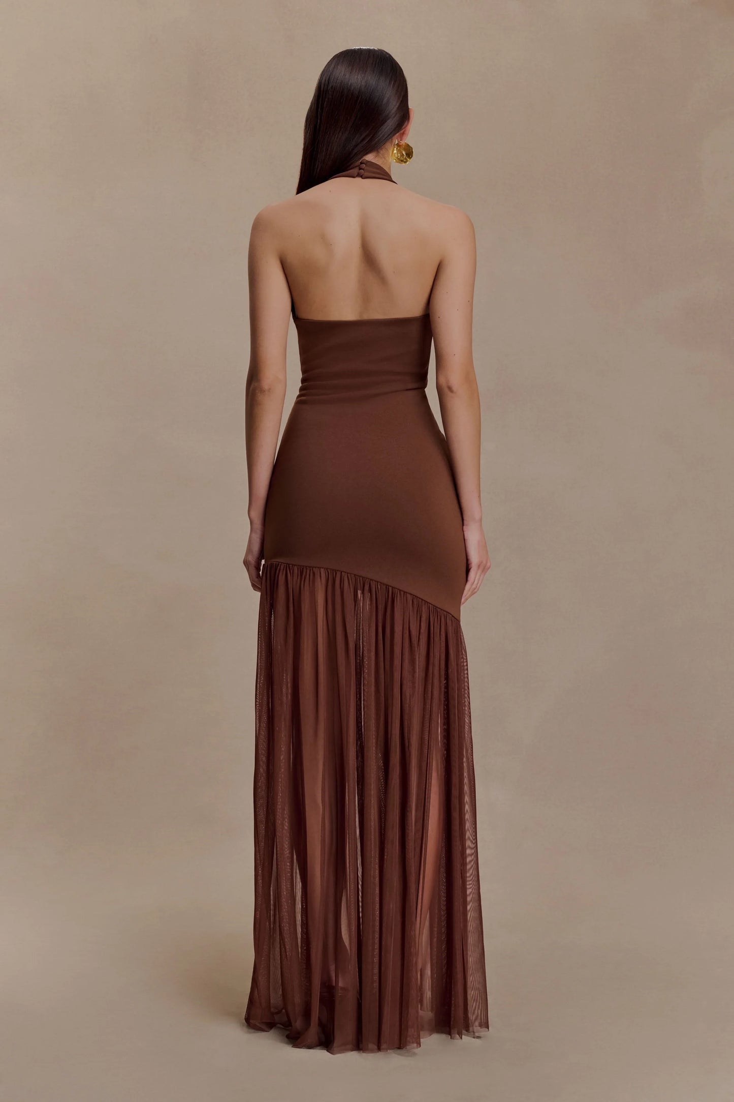 Aubree Crepe And Mesh Maxi Dress Chocolate Mocha
