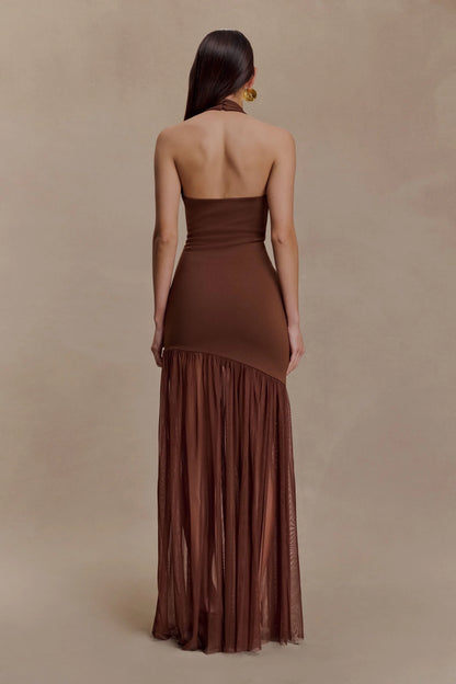 Aubree Crepe And Mesh Maxi Dress Chocolate Mocha