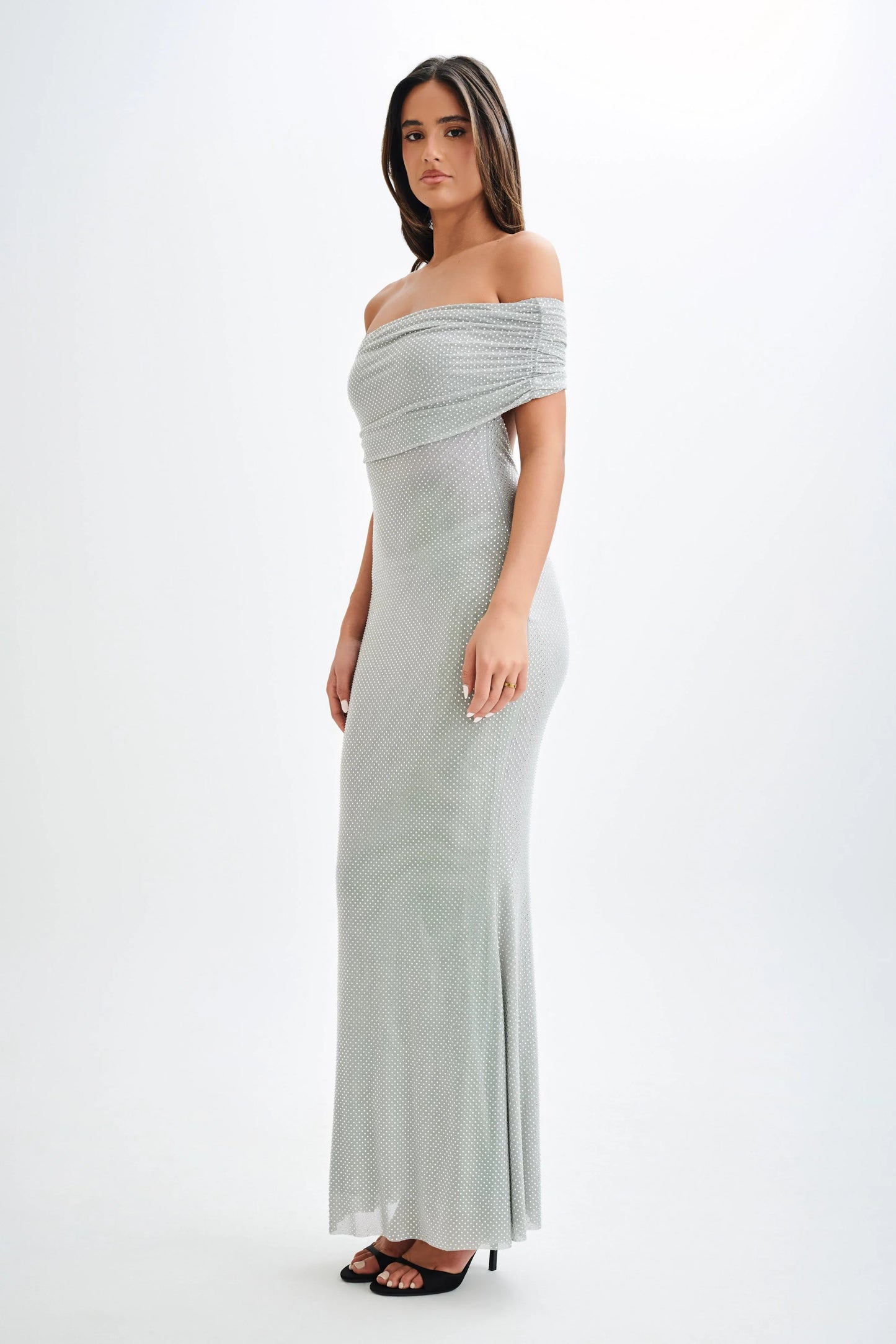 Arna Off Shoulder Diamante Maxi Dress Silver