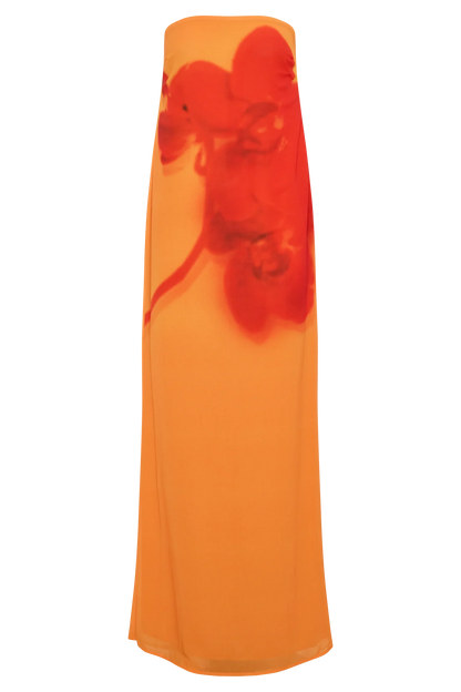 Amaya Strapless Chiffon Maxi Dress Koi Orchid Print