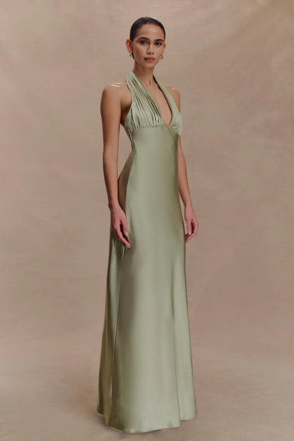 Alice Satin Halter Maxi Dress Sage