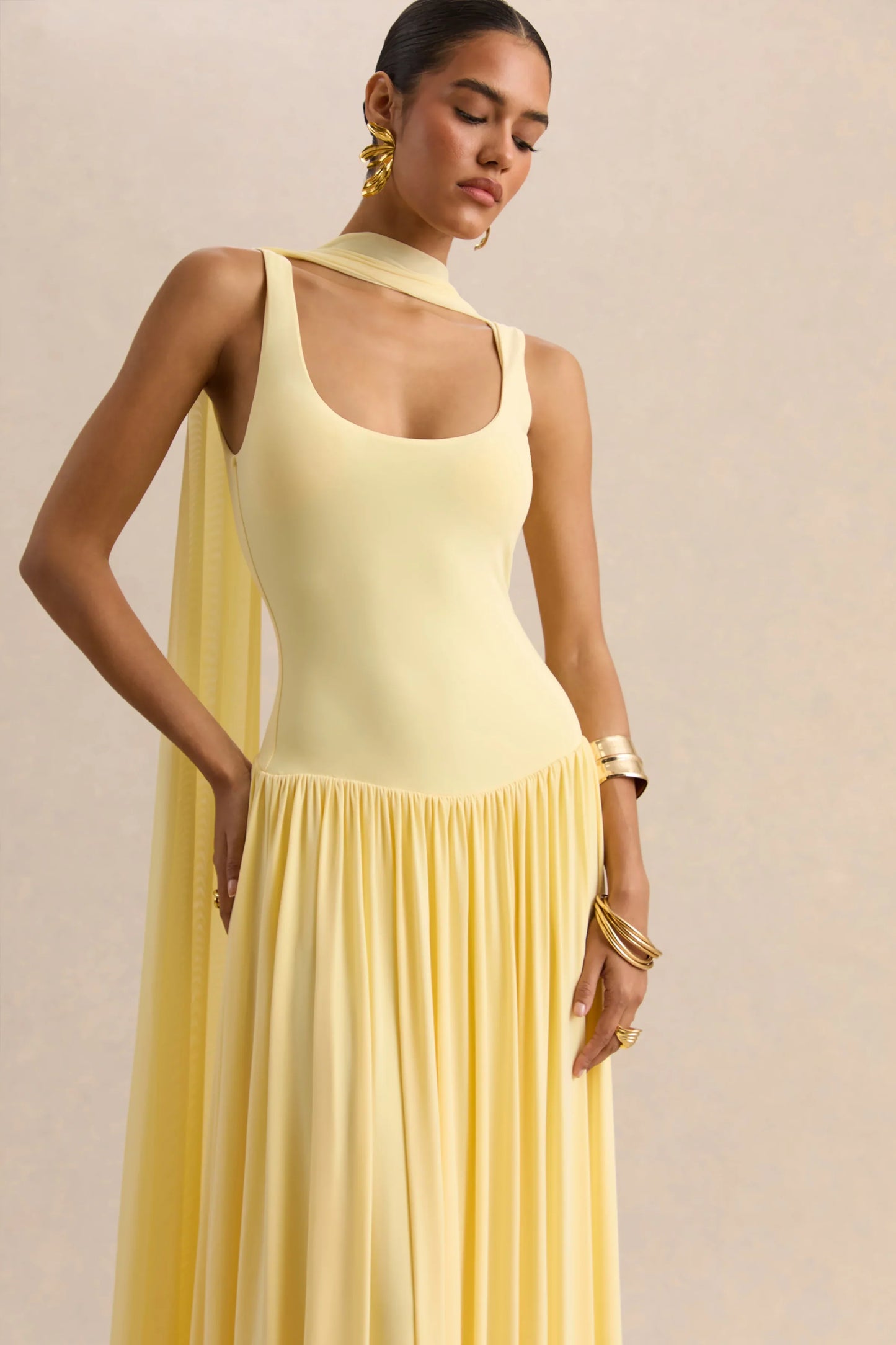 Aurina Lemon Square Neck Maxi Dress With Scarf Detail