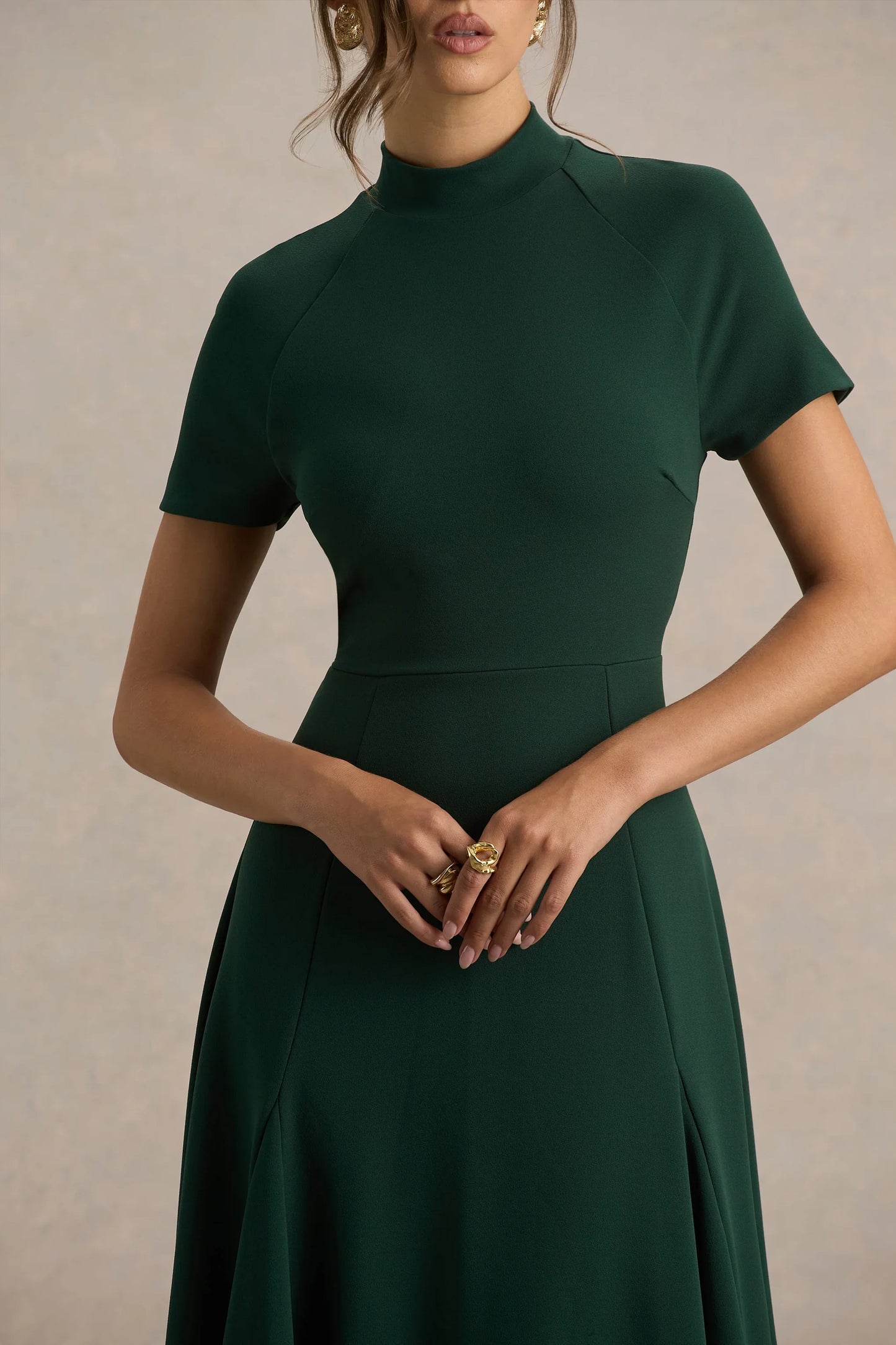 Alea Dark Green High Neck Short Sleeve Maxi Dress