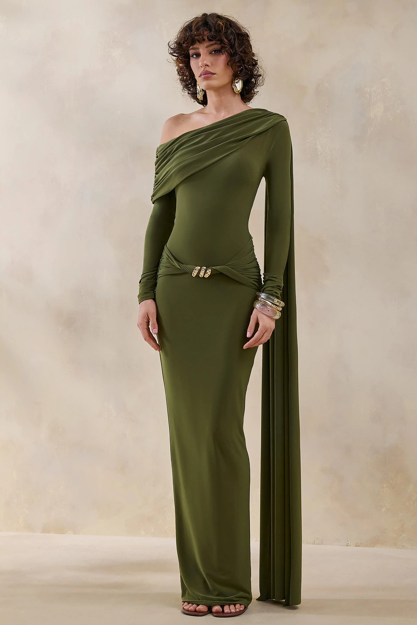 Bessy Green Asymmetric Neck Maxi Dress With Gathered Detailing And Sash