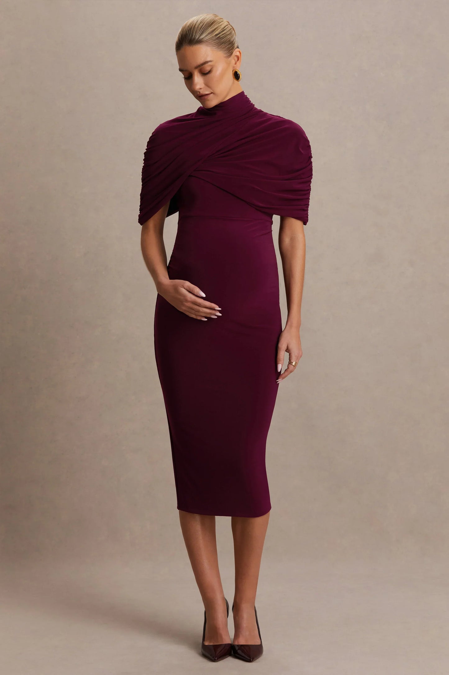 Augustina Burgundy Maternity Midi Dress With Cape