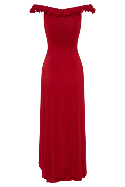 Allegra Off Shoulder Ruffle Midi Dress Ruby