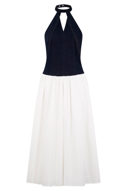 Ashwin Denim Cotton Midi Dress Indigo Blue
