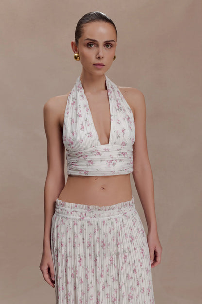 Amaris Sleeveless Plisse Halter Top Floral Ditsy Print