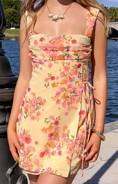 Aveta Yellow Bloom Tie Mini Dress