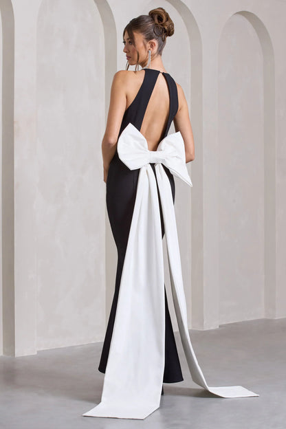 Bestow Black Open Back Maxi Dress With Oversized White Bow