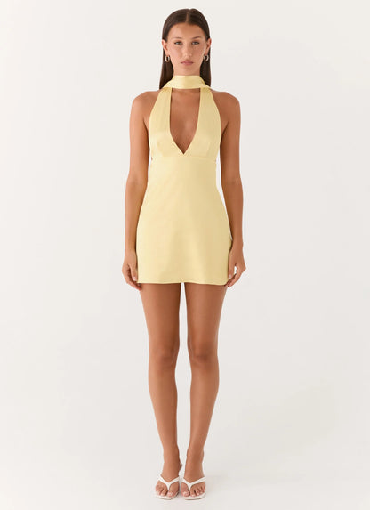 Alicia Satin Halter Mini Dress Pastel Yellow