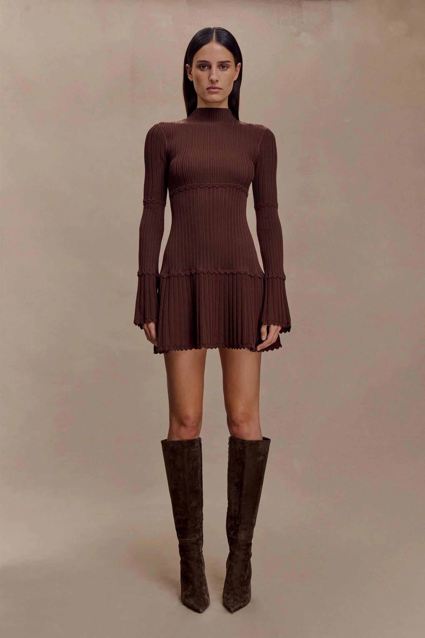 Adena Pointelle Knit Mini Dress Chocolate