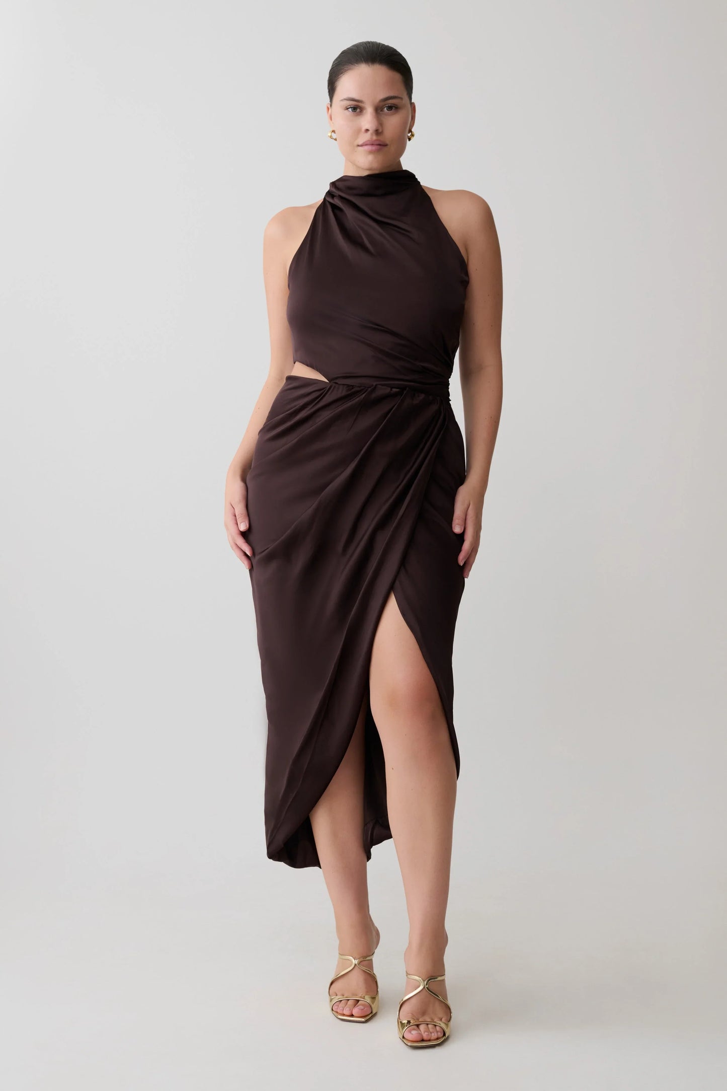 Aveline Draped Halter Midi Dress Dark Chocolate