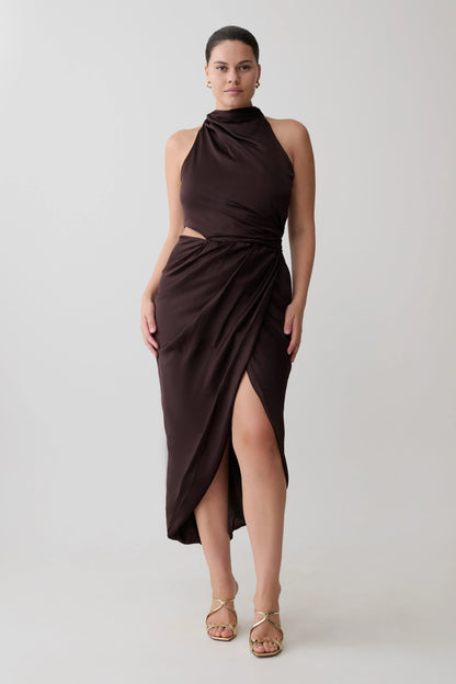 Aveline Draped Halter Midi Dress Dark Chocolate