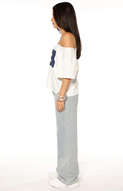 Amelie White Printed Off Shoulder Oversized Tee