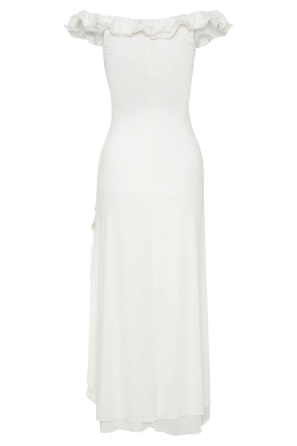 Allegra Off Shoulder Ruffle Midi Dress Ivory
