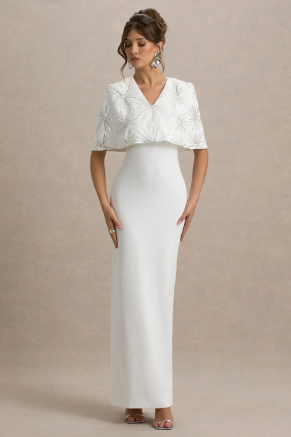 Agnella White Embellished V Neck Maxi Dress