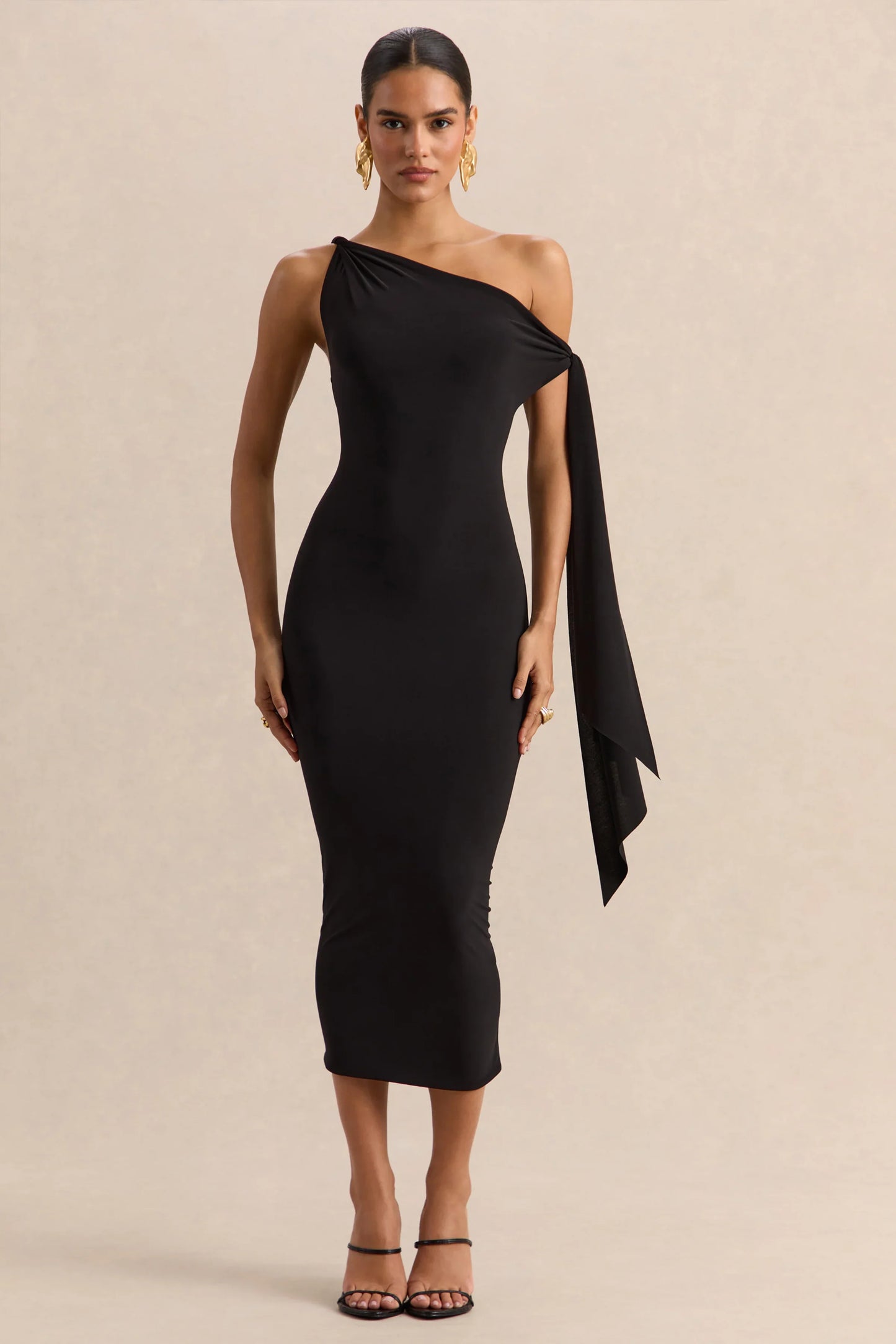 Arcelia Black Asymmetric Neck Midi Dress With Knot Sleeve Detail