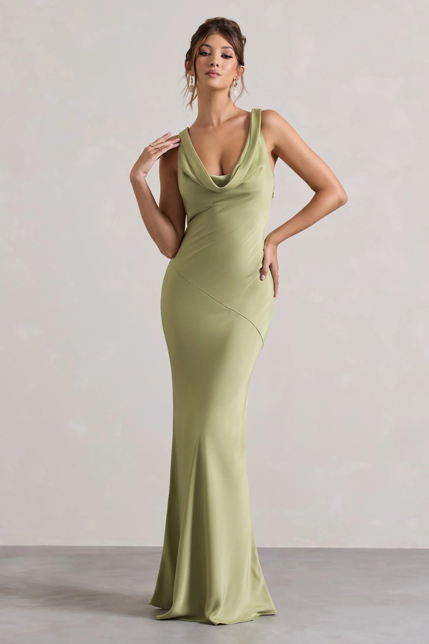 Alesso Light Olive Satin Cowl Neck Maxi Dress