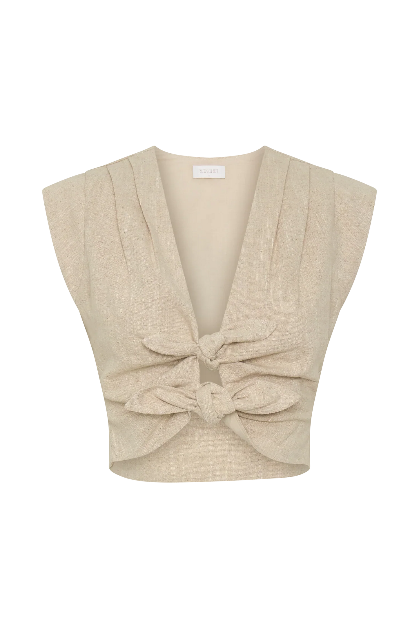 Anahita Linen Front Bows Short Sleeve Top Natural