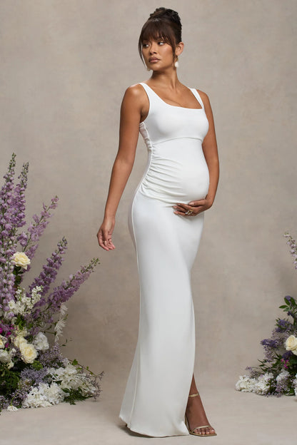 Avril White Square Neck Maternity Maxi Dress with Split